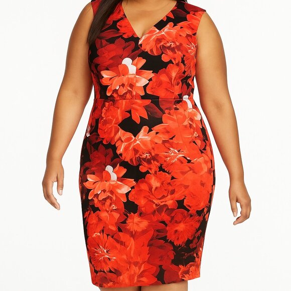 Calvin Klein Women's Red Black Floral Sheath Scuba Dress Size 16 - Picture 1 of 9